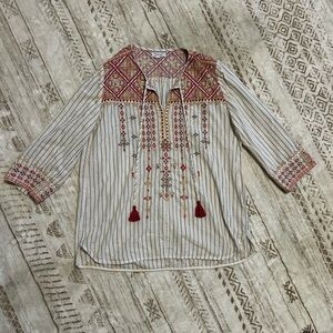 Johnny Was Workshop Embroidered Tunic Boho Blouse Grey Stripe S